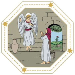 Piirroskuva jossa enkeli ilmestyy Marialle.